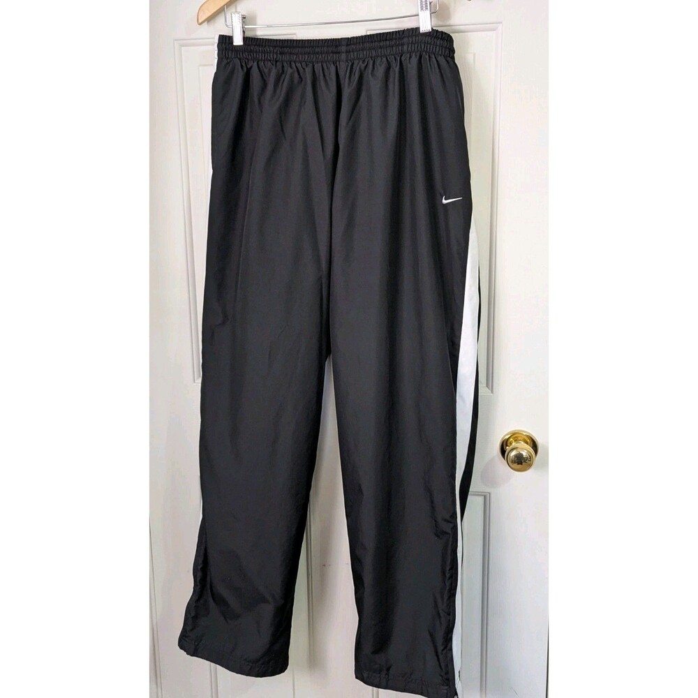NIKE Nylon Pants Mens XL Black Elastic Drawstring Pockets Bottom Leg Zip Joggers